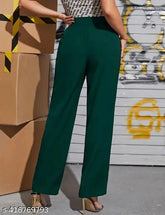 Green cotton blend bell bottom trousers for women, high-rise with elastic waistband and front seam detail, suitable for casual or office wear